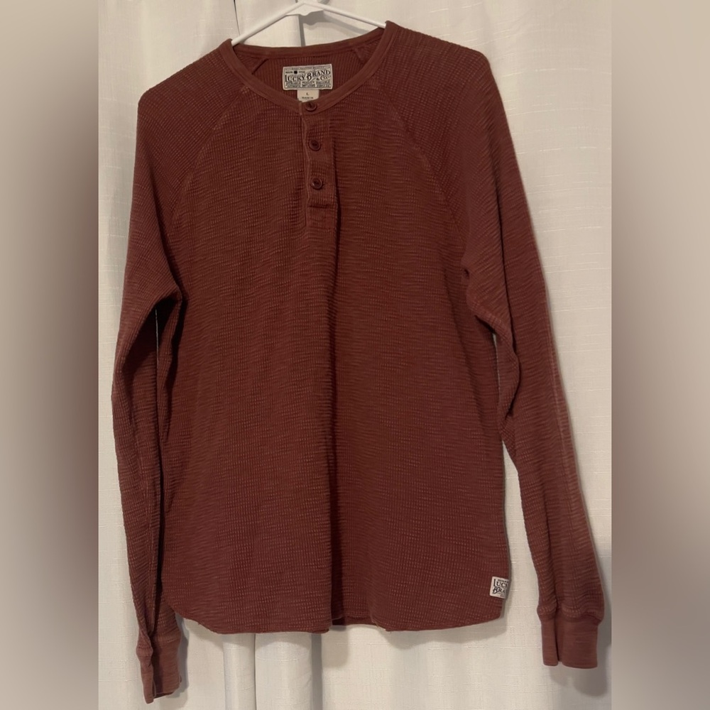 Lucky Brand - Men’s Long Sleeve Ribbed Henley Reddish Brown Terra-cloth Large